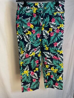 Amanda Collection NWT Tropical Floral Cropped Pants Navy Blue Pink Yellow Size L